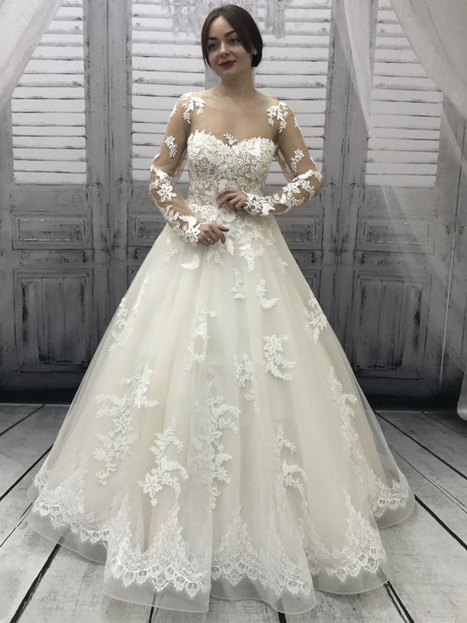 cream wedding dresses with sleeves Long Sleeves A-line Lace Tulle Wedding Dresses, Illusion Wedding Dress – ClaireBridal