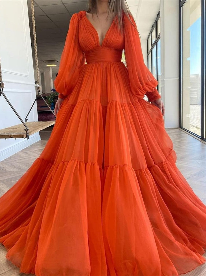 V-neck Long Sleeves Chiffon Long Prom Dresses, Gorgeous 2021 Prom Dresses,  Newest Prom Dresses