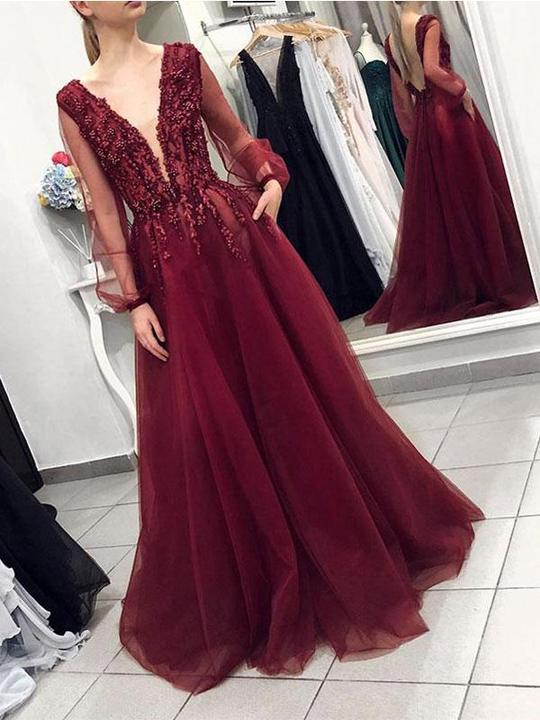 V-neck Burgundy Tulle Beaded Prom Dresses, Long Sleeves Prom Dresses, ClaireBridal V-neck Burgundy Tulle Beaded Prom Dresses, Long Sleeves Prom Dresses, ClaireBridal