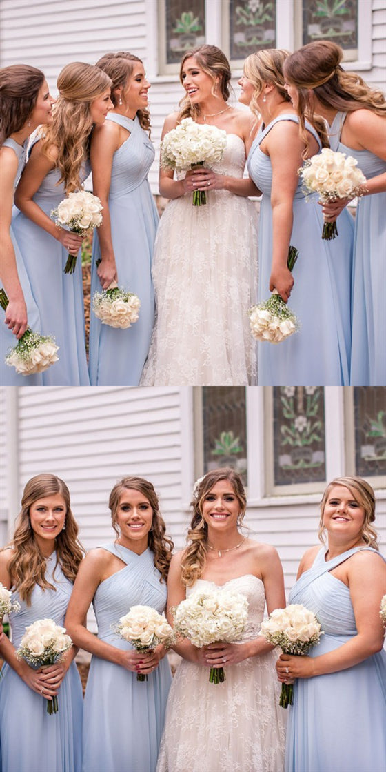 Chiffon A Line Light Blue Long Sleeve Bridesmaid Dress With Slit main image 1