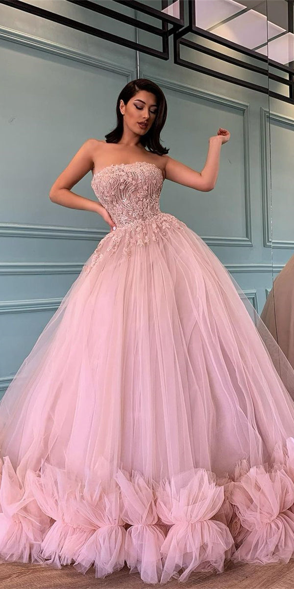 Strapless Pink Tulle Beaded Prom Dresses, A-line Ball Gown Quinceanera   ClaireBridal