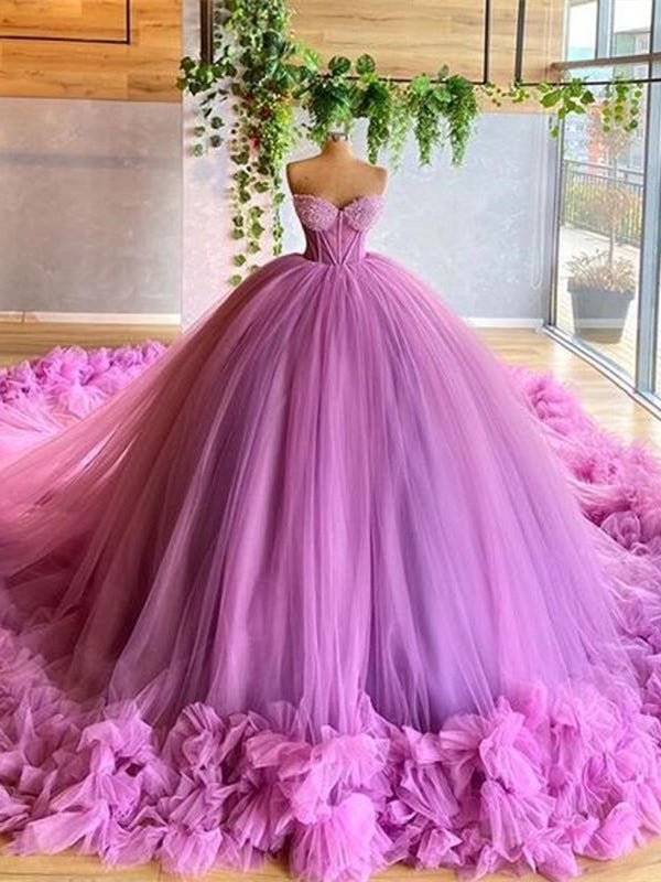Sweetheart Long Ball Gown Purple Tulle Prom Dresses, Lovely Prom