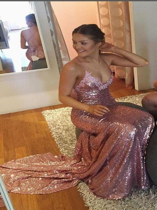 pink and gold sequin prom dress A-Line Straps Blush Pink Prom Dress with Embroidery – FancyVestido main image 0