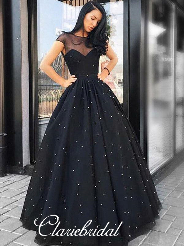 Illusion Cap Sleeves Black Tulle Beaded Prom Dresses, Long Prom Dresse ClaireBridal Illusion Cap Sleeves Black Tulle Beaded Prom Dresses, Long Prom Dresse ClaireBridal