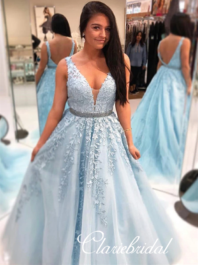 strapless open back dress V-neck Blue Lace Beaded Prom Dresses, Affordable Prom Dresses, Popular –  ClaireBridal