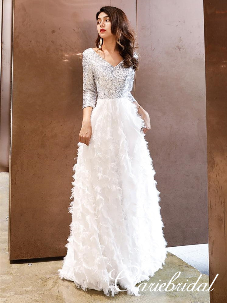 V-neck Silver Sequin Top Long A-line White Feather Skirt Prom Dresses, New Arrival Prom Dresses, Long Prom Dresses V-neck Silver Sequin Top Long A-line White Feather Skirt Prom Dresses, New Arrival Prom Dresses, Long Prom Dresses
