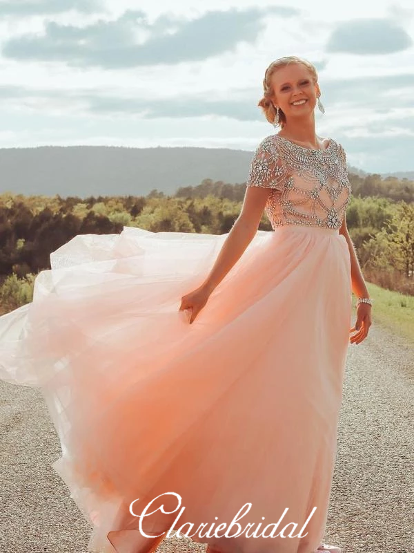 Short Sleeves Long Prom Dresses, Peach Tulle Rhinestone Beaded Prom Dr ClaireBridal Short Sleeves Long Prom Dresses, Peach Tulle Rhinestone Beaded Prom Dr ClaireBridal