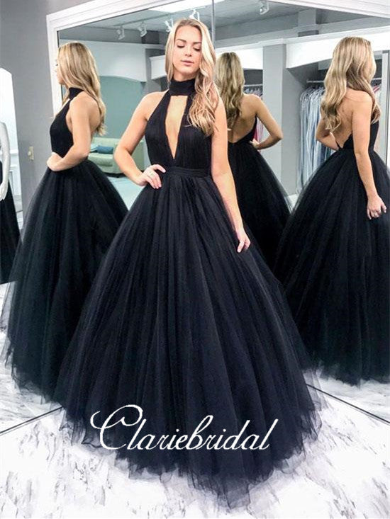 Halter Backless Black Tulle Prom Dresses, A-line Prom Dresses, Fluffy –  ClaireBridal