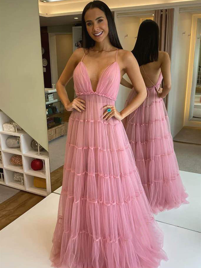 Spaghetti Pinl Tulle Prom Dresses, Lovely Prom Dresses, Formal Dresses   ClaireBridal