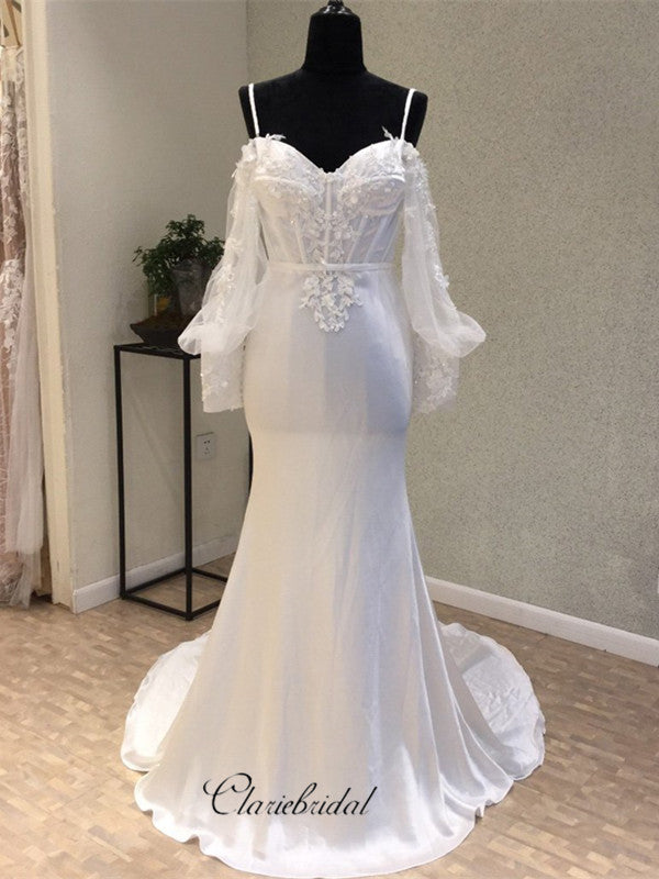 Long Sleeves Cheap Spaghetti Strap Mermaid Sexy Backless Wedding Dress –  ClaireBridal