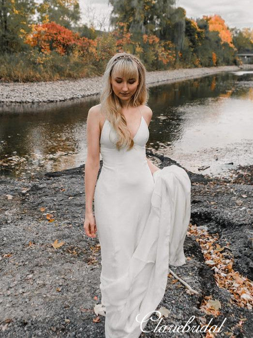 Spaghetti Long Mermaid Ivory Simple Wedding Dresses  ClaireBridal