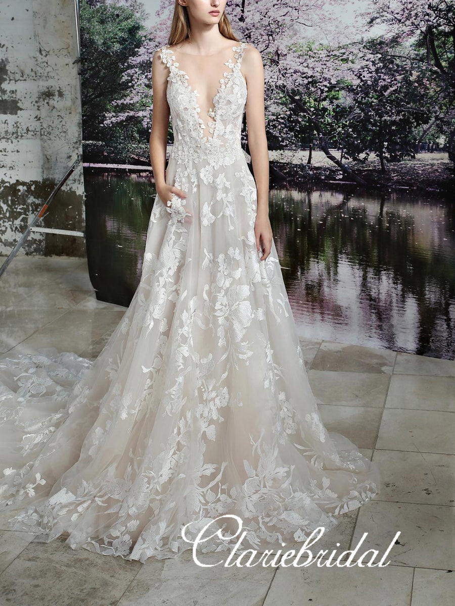 Long A-line Lace Tulle Wedding Dresses, Backless Long Train Wedding Dr –  ClaireBridal