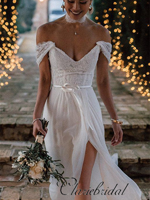 lace top off shoulder wedding dress Elegant Off-shoulder White Bridal Gown With Delicate Lace, Timeless Column Wedding  Dress With Corset Back and Long Lace Sleeves A-line Dress
