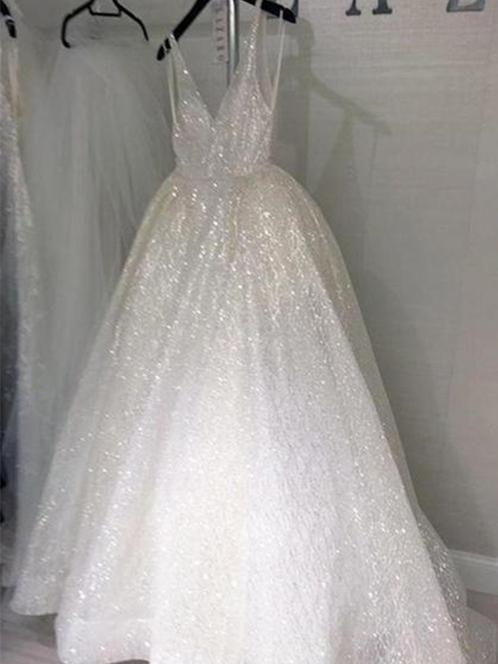 V-neck Long A-line Sparkle Wedding Dresses – ClaireBridal