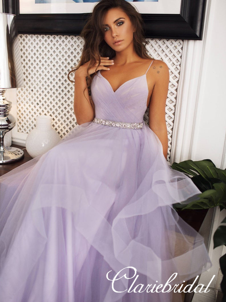 fitted lace wedding dress Spaghetti Long A-line Lilac Tulle Wedding Dresses, Backless Bridal Gow –  ClaireBridal