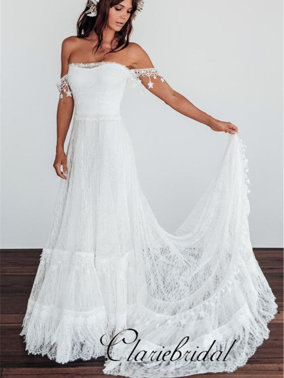 knee length dresses for ladies Off-Shoulder A Line Boho Rose Lace Wedding Dresses DW379 -