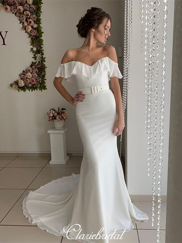 white christmas dresses A Line Ivory Chiffon Sweep Train Strapless Boho Wedding Dress with Slit
