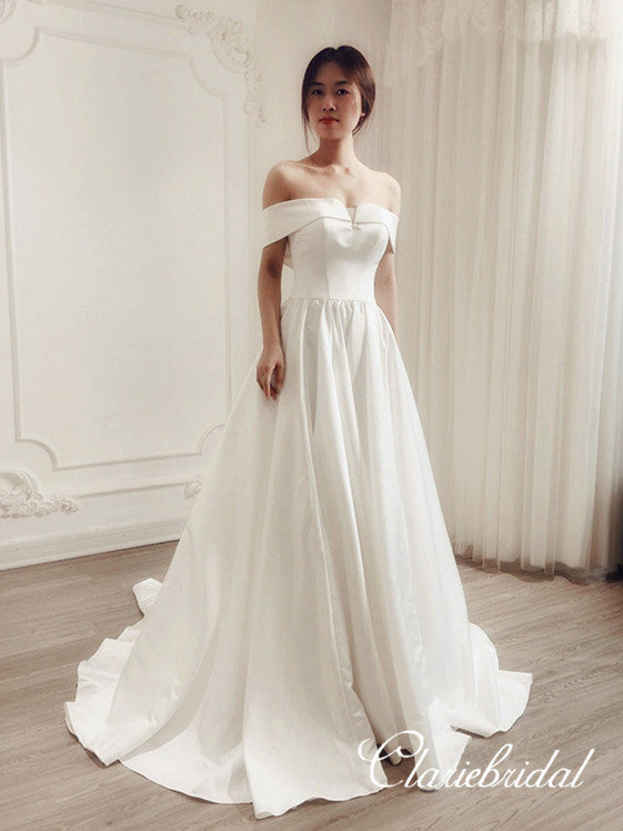 Off Shoulder A-line Ivory Satin Elegant Wedding Dresses – ClaireBridal
