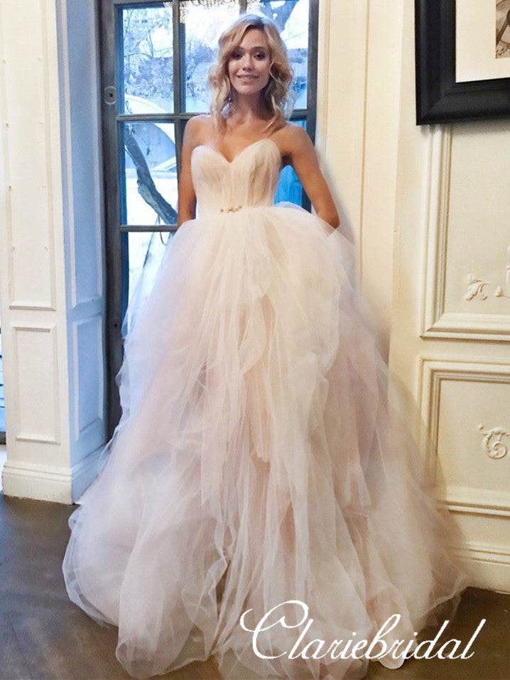 Sweetheart Blush Pink Tulle Fluffy Romantic Long Wedding Dresses –  ClaireBridal