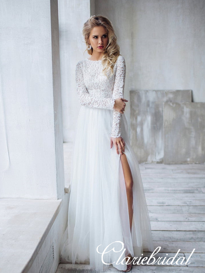 fitted lace wedding dress Classy Long Sleeves V-neck Satin Wedding Dresses with Lace – Ballbella main image 0