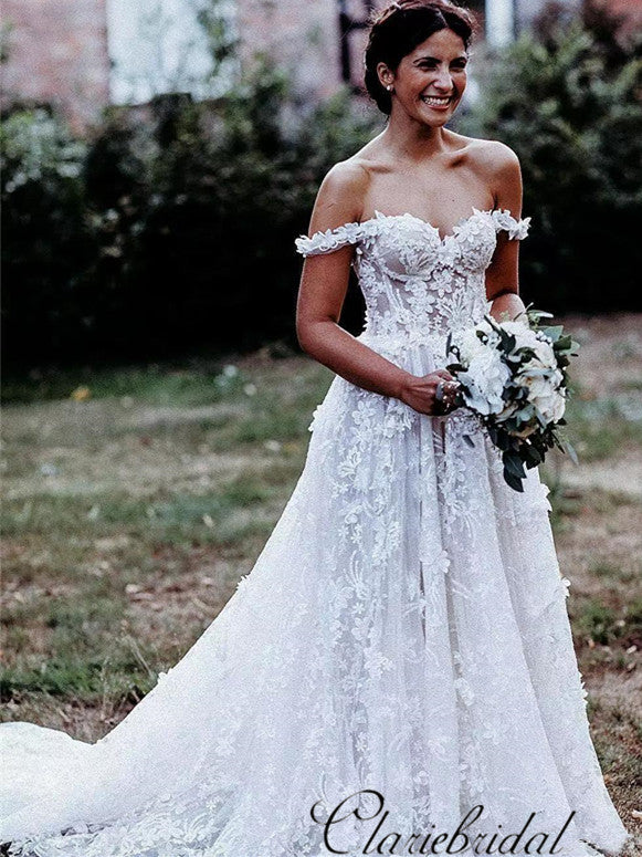 Off Shoulder A-line Slit Lace Country Wedding Dresses, Bridal Gown ClaireBridal Off Shoulder A-line Slit Lace Country Wedding Dresses, Bridal Gown ClaireBridal