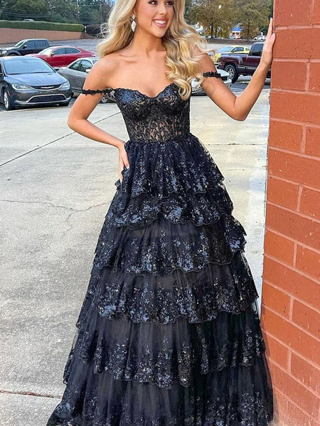 Shiny Lace Appliques Prom Dresses, A-line Princess Dresses, 2024 Prom Dresses