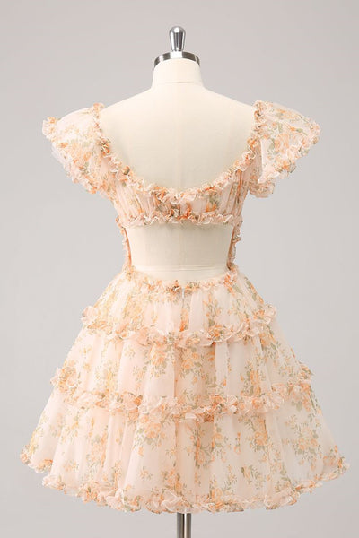 Cap Sleeves Floral Chiffon Homecoming Dresses, Cute Vacation Dresses, Mini Dresses, Concert Wear