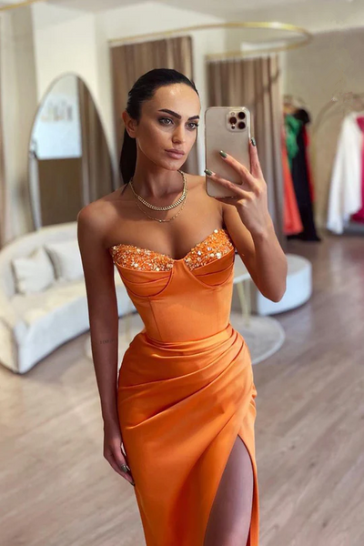 Strapless Slit Side Long Prom Dresses, Popular Mermaid Party Dresses, Newest 2024 Long Prom Dresses