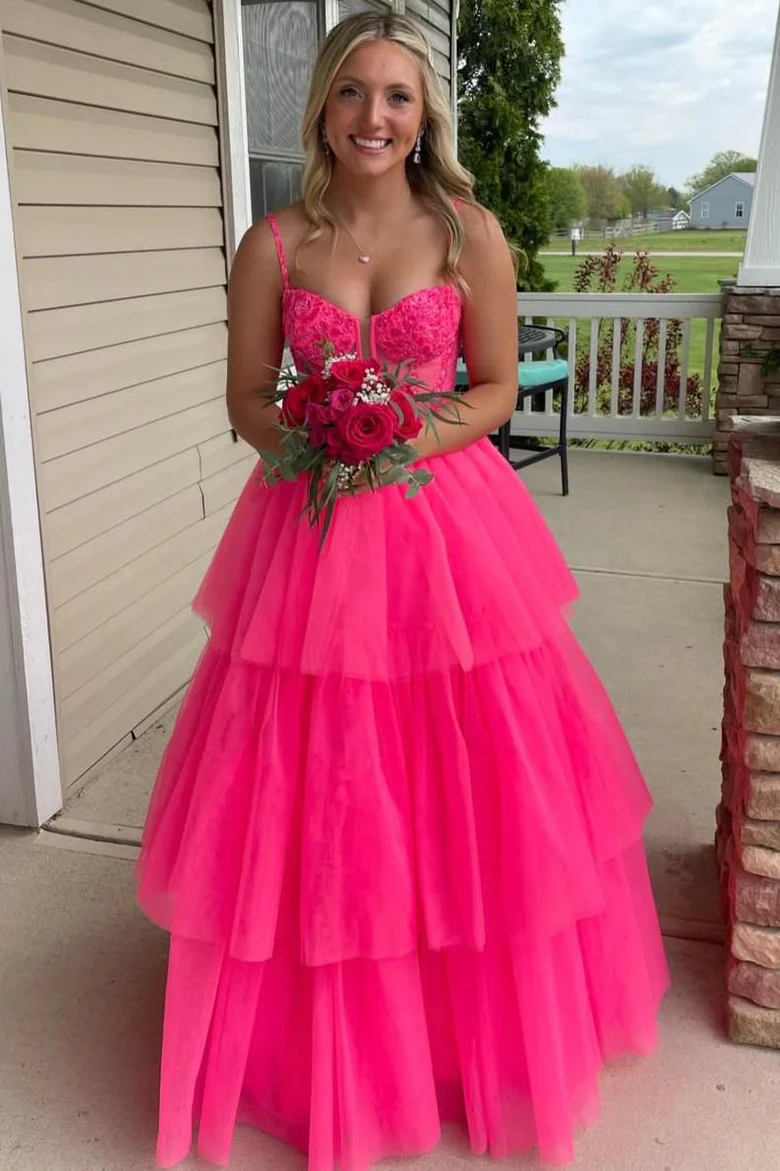 A-line Spaghetti Bridesmaid Dresses, V-neck Newest Long Prom Dresses, Hot Pink Wedding Dresses