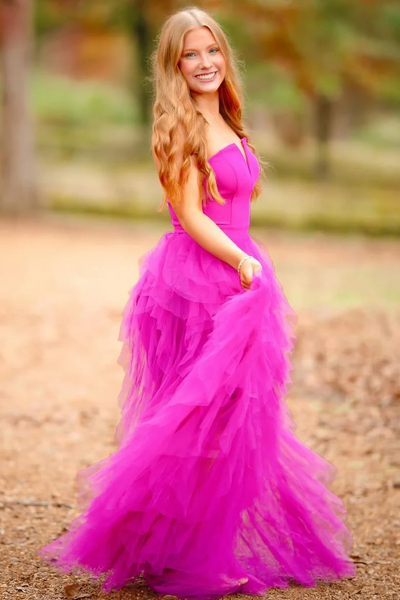 Hot Pink Tulle A-line Evening Dresses, 2025 Newest Long Prom Dresses, Strapless Wedding Guest Dresses