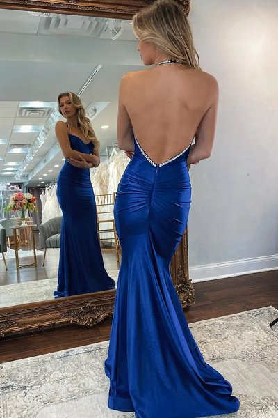 Halter V-neck Evening Party Dresses, Pleated Satin Mermaid Bridesmaid Dresses, 2025 Newest Long Prom Dresses