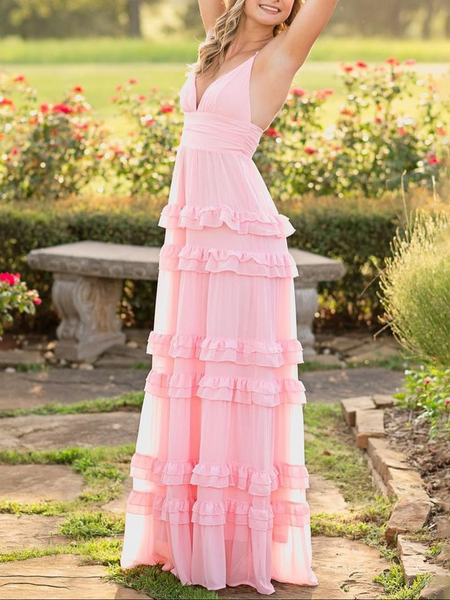 A-line Pink Chiffon Bridesmaid Dresses, Ruffles Newest Long Prom Dresses , V-neck Evening Party Dresses