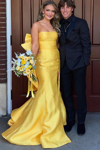 Strapless Scoop Mermaid Wedding Party Dresses, Yellow 2025 Newest Long Prom Dresses