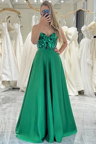 Strapless Green A-line Evening Party Dresses, Sweetheart Newest Long Prom Dresses, Sequins Bridesmaid Dresses