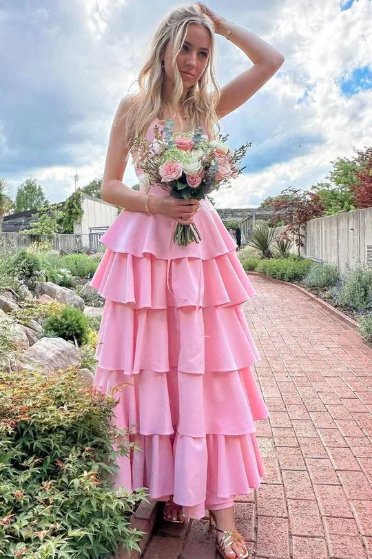 tiered pink bridesmaid dress Tiered Ruffles A-line Print Chiffon Bridesmaid Dress