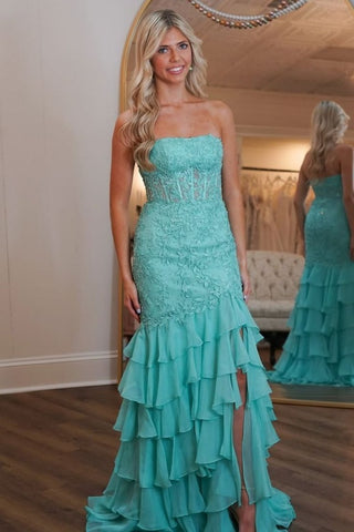 Strapless Lace Newest Long Prom Dresses, Puffy Wedding Guest Dresses, 2025 Party Dresses