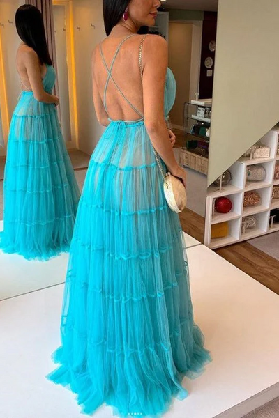 Deep V-neck Straps Newest Long Prom Dresses, Open Back A-line Evening Party DResses