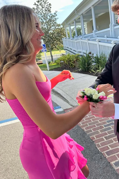 Strapless Side Slit Bridesmaid Dresses, Hot Pink Newest Long Prom Dresses, Fashion Wedding Guest Dresses