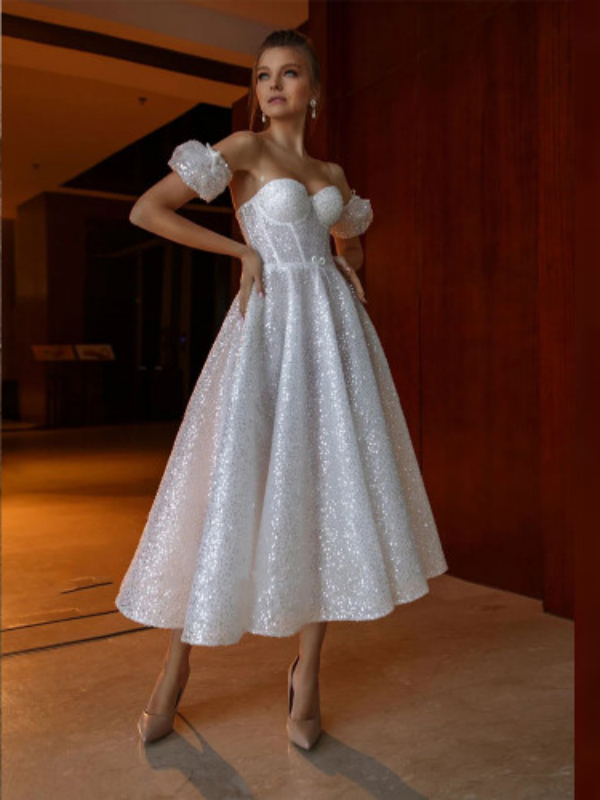 Sweetheart Newest 2023 Long Prom Dresses, Simple Tea Length Wedding Dresses, Sequins Party Dresses
