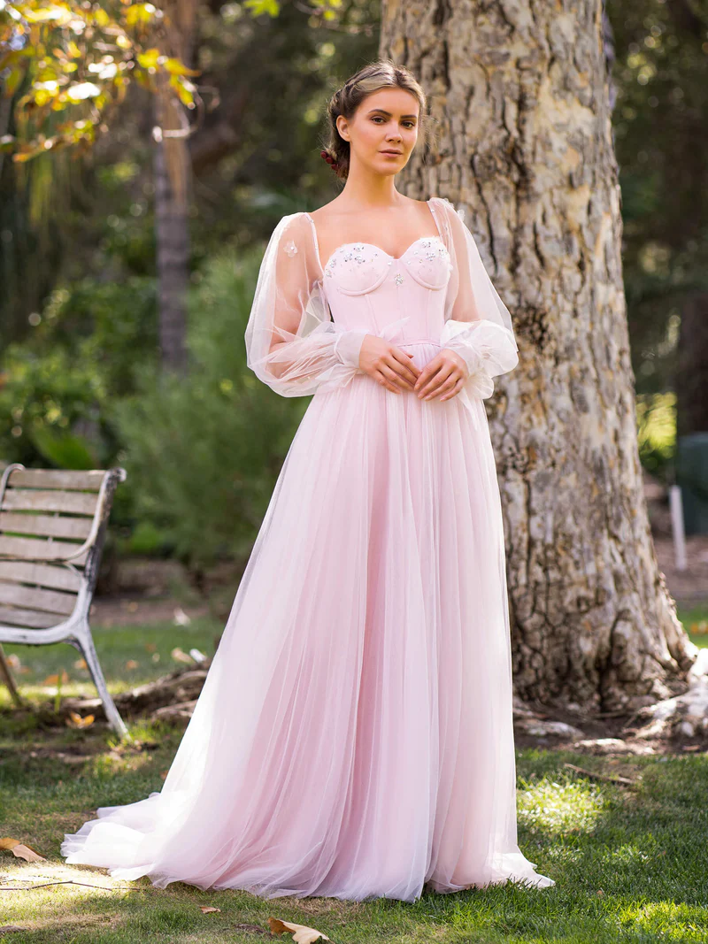Corset Puffy Sleeves Newest 2023 Prom Dresses, A-line Wedding Guest Dresses, Pink Bridesmaid Dresses