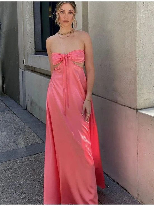 knee length dresses for ladies Suzhoufashion Organza Navy Wedding Guest Dress Strapless A Line Formal Dress with Ruffles