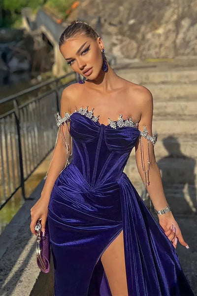 Off The Shoulder Newest 2024 Long Prom Dresses, Luxury Party Prom Dresses, Side Slit Wedding Guest Dresses