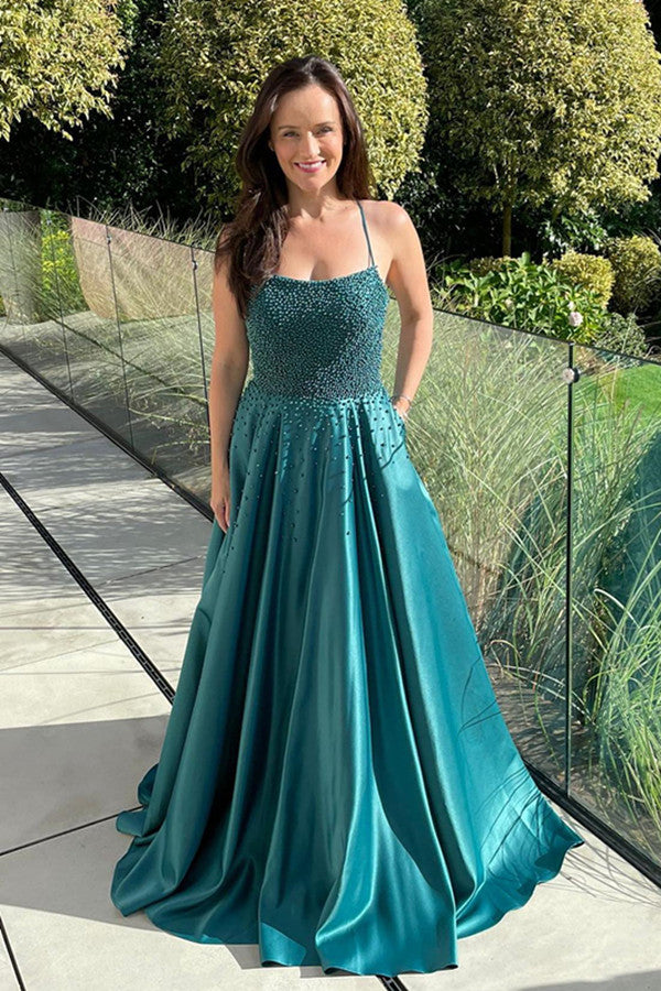 A-line Satin Prom Dresses, Beaded Fashion Wedding Guest Dresses, Newest 2024 Long Prom Dresses