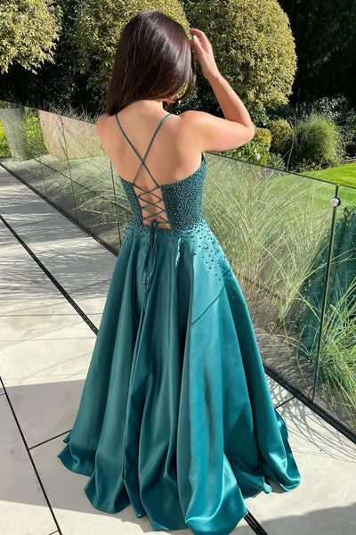 A-line Satin Prom Dresses, Beaded Fashion Wedding Guest Dresses, Newest 2024 Long Prom Dresses