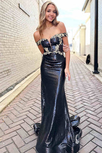Black Sequins Evening Party Prom Dresses, Off The Shoulder Mermaid Newest 2024 Long Prom Dresses