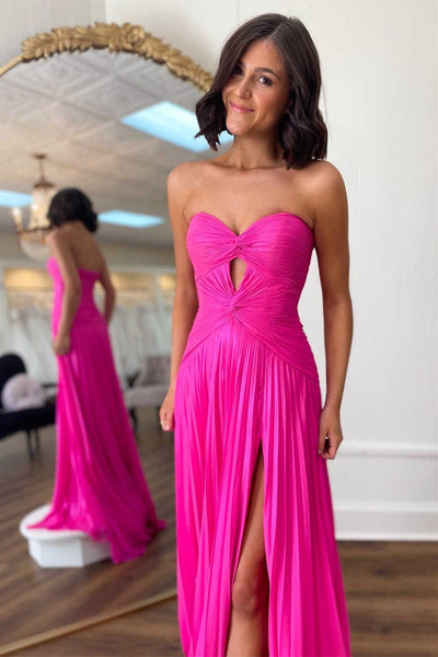 Strapless Hot Pink Girl Party Prom Dresses, Sweetheart Newest 2024 Long Prom Dresses, Fashion Bridesmaid Dresses