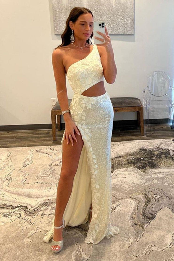 One Shoulder Newest 2024 Long Prom Dresses, Lace Party Dresses, Sequins Wedding Dresses