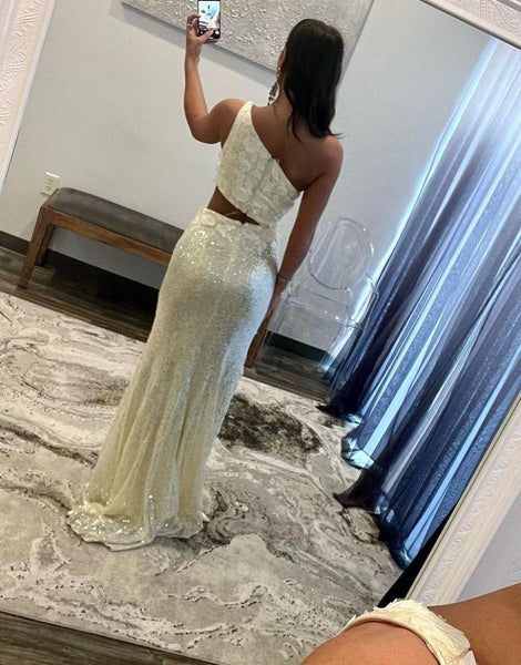 One Shoulder Newest 2024 Long Prom Dresses, Lace Party Dresses, Sequins Wedding Dresses