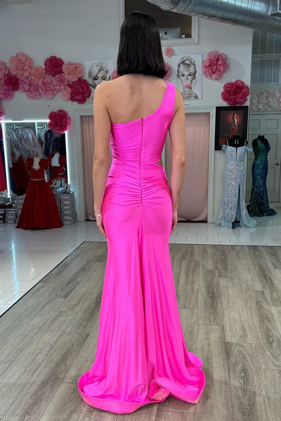 One Shoulder Bridesmaid Dresses, Unique Newest 2024 Long Prom Dresses, Hot Pink Wedding Guest Dresses