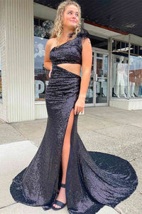 Popular Sequins Long Prom Dresses, Mermaid Girl Graduation Dresses, One Shoulder Evening Party Dresses